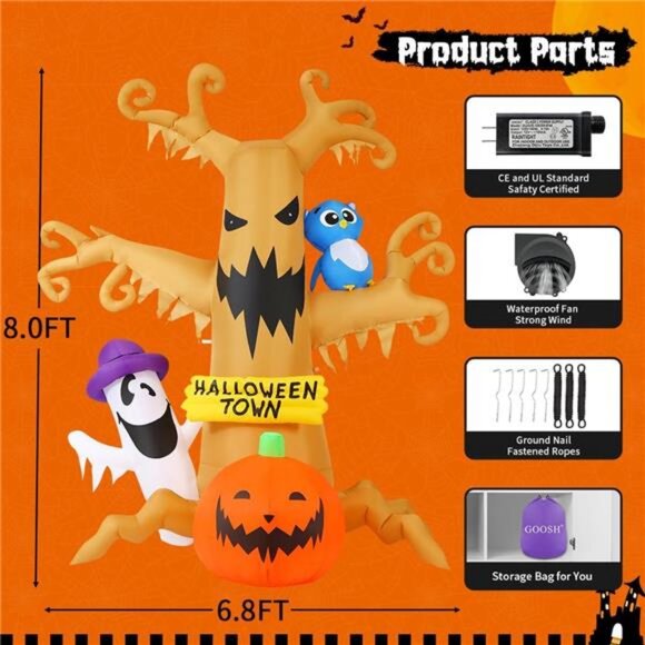 8 FT Halloween Inflatables Dead Tree Outdoor Decorations with Owl Ghosts - Picture 3 of 7